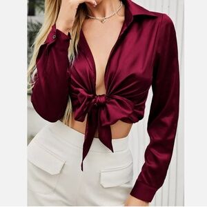 Womens Tie Front Satin Top Long Sleeve Size Small